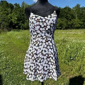 Vtg Floral Summer Dress Jr 5 Black Daisys 90s Y2K Pixie Fairy‎ Strappy Open Back